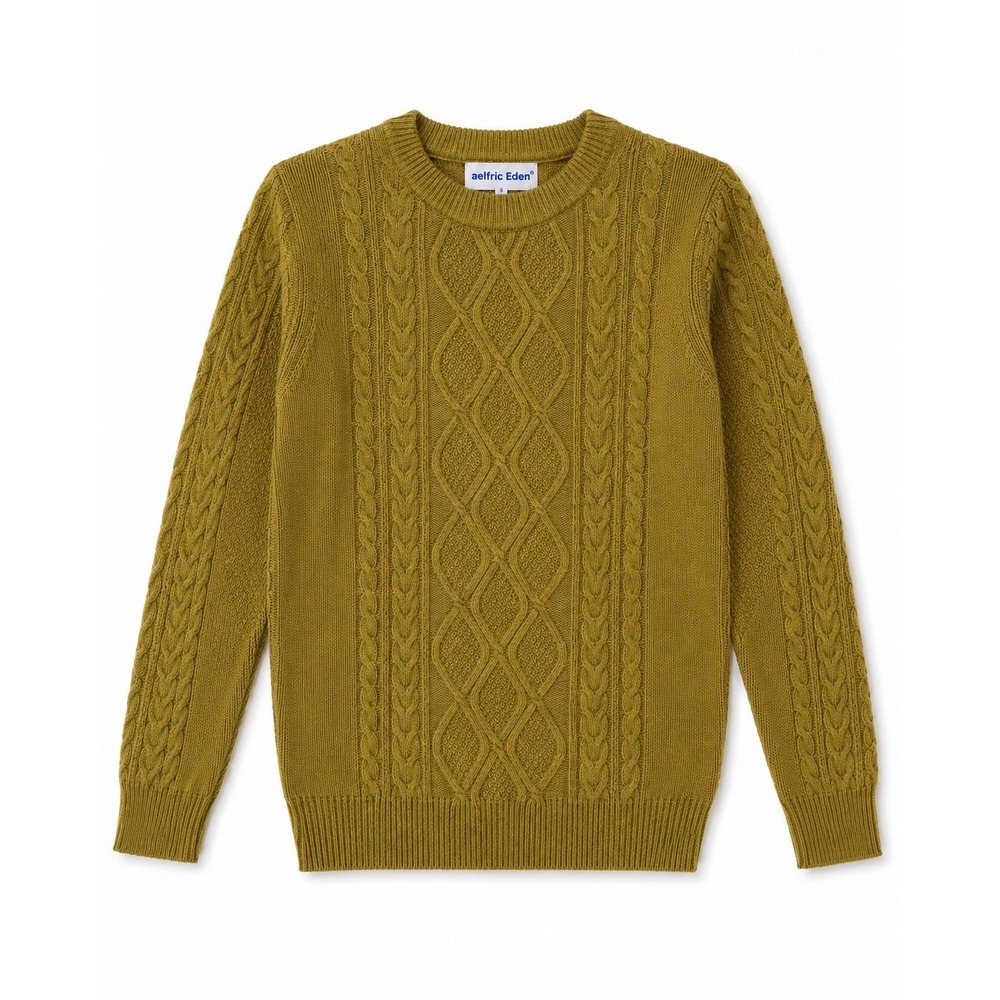 Aelfric Eden Mens Small Cable Knit Crew Neck Sweater Olive Green Streetwear